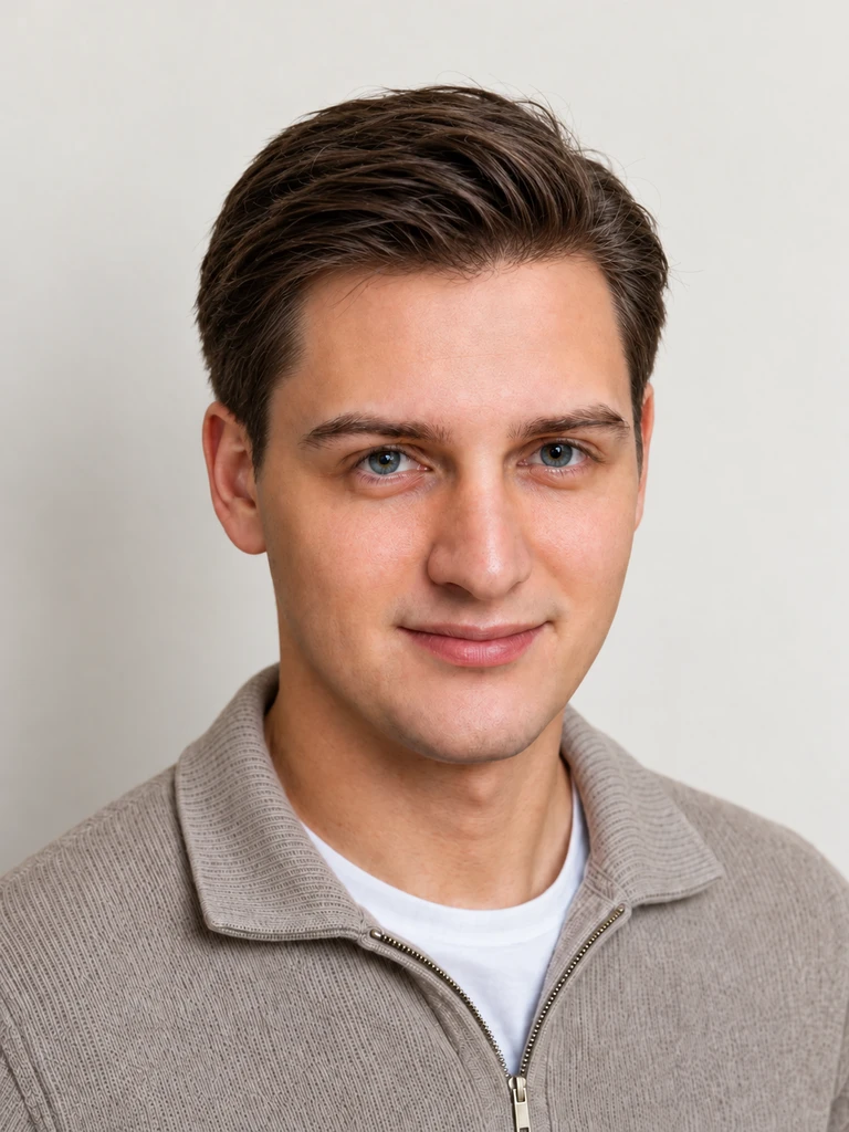 Nikita Kanarev in a taupe knit sweater against a light background