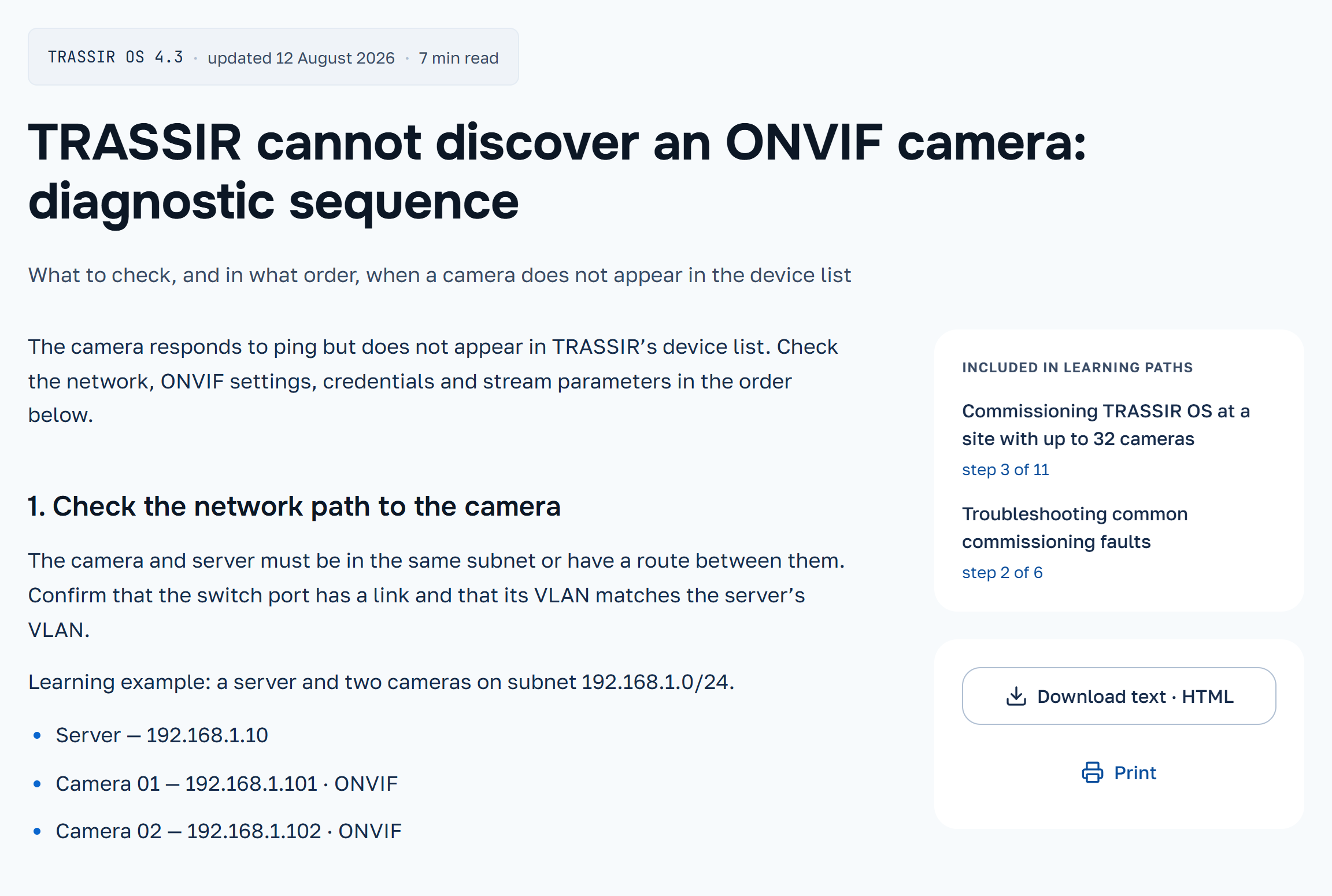 The same ONVIF material: version, title, introduction and complete first diagnostic step; related learning paths at right.