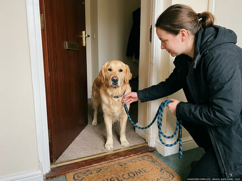 Pawly demonstration photograph: a dog at the door as the walker unclips the lead.