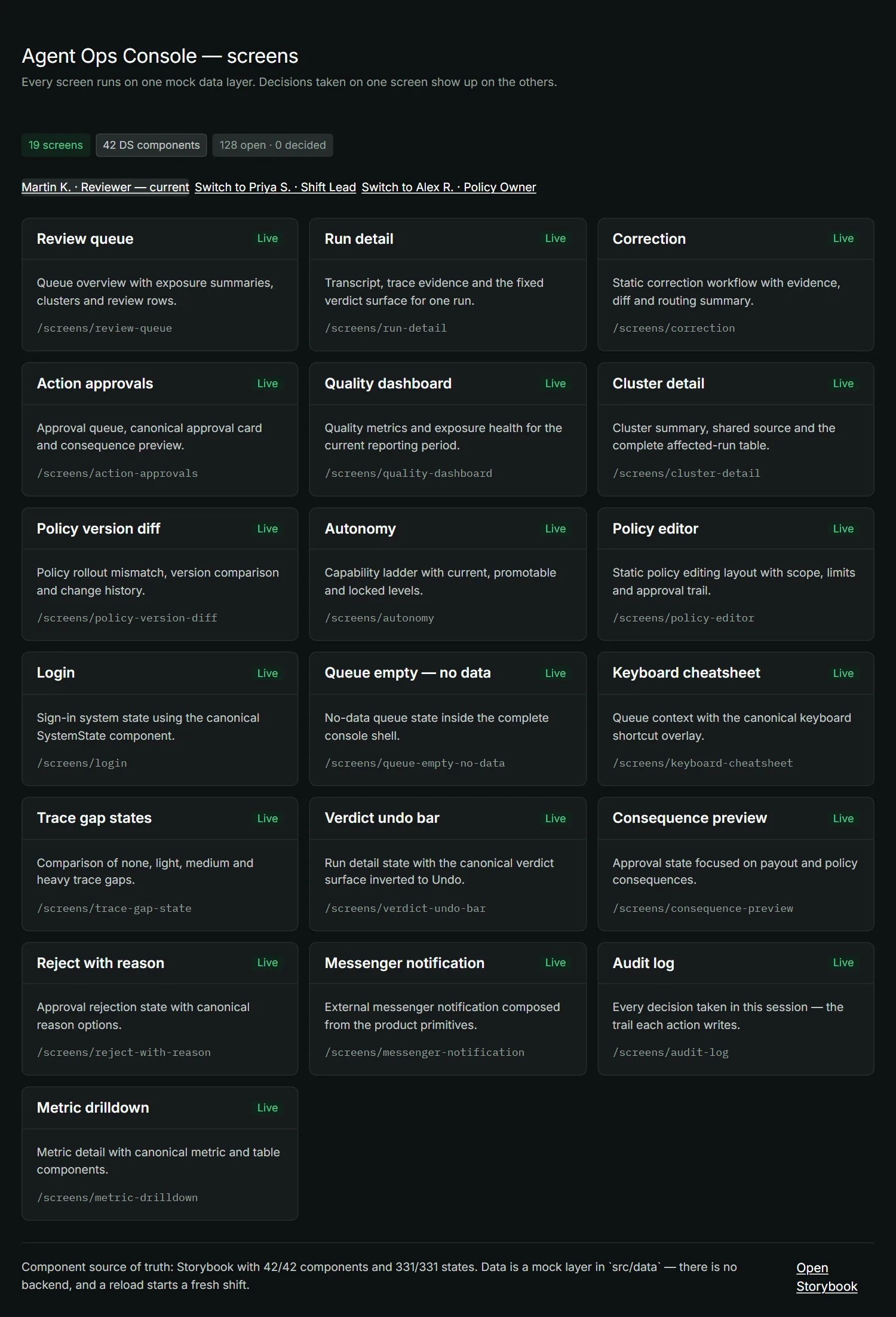 Index of the nineteen prototype screens: review, corrections, approvals, policies, autonomy, quality and the system states