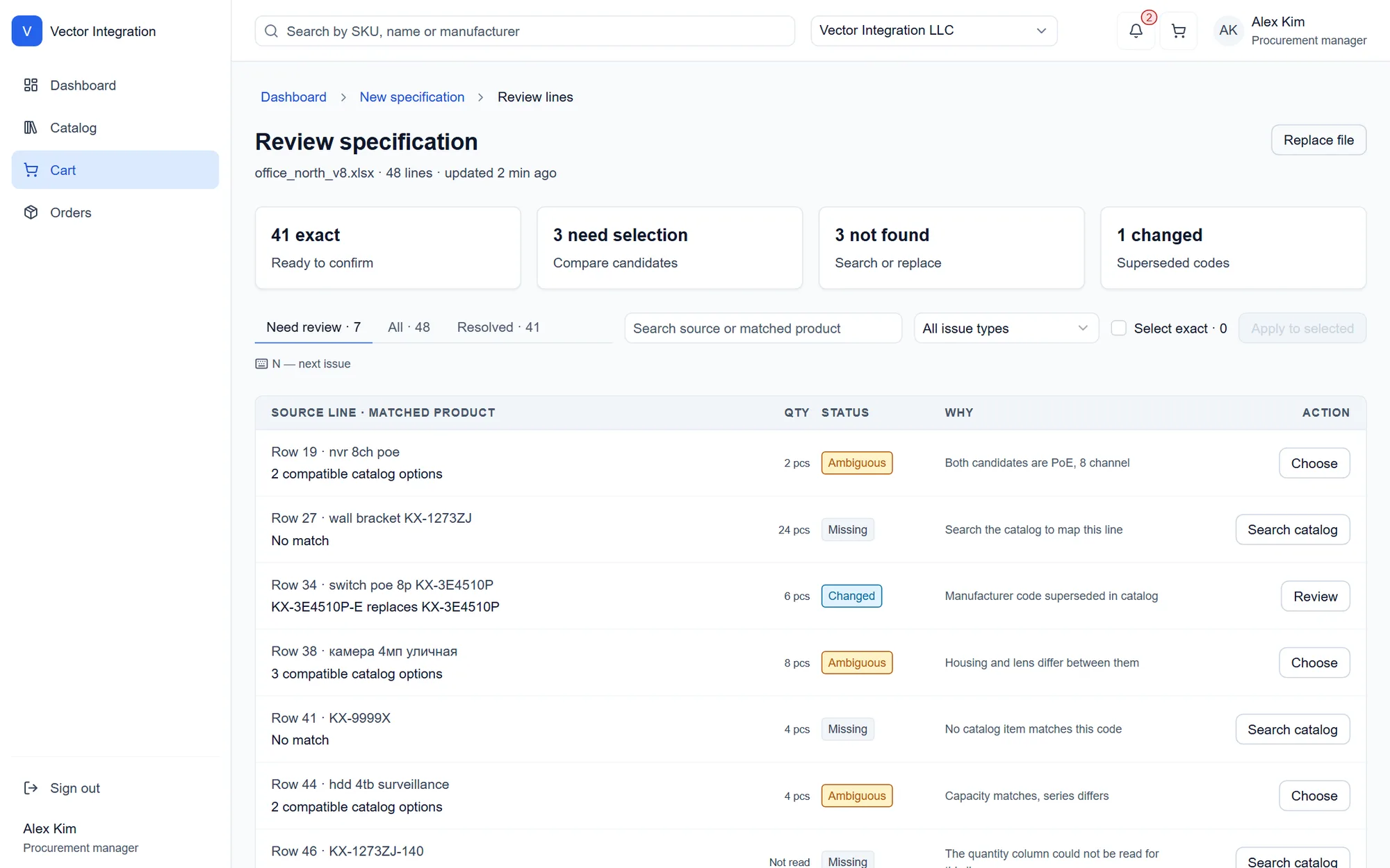 B2B Partner Portal: specification review screen with forty-eight imported lines and their resolution status, with two more screens of the portal behind it