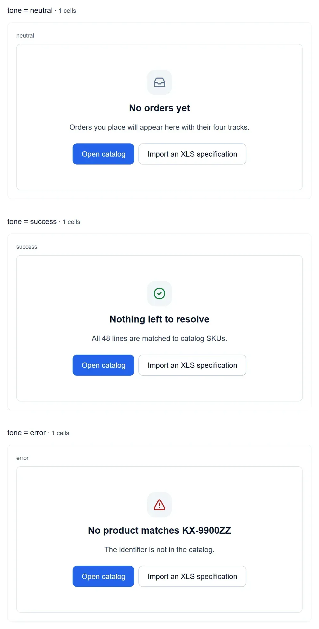 Empty state in its three variants