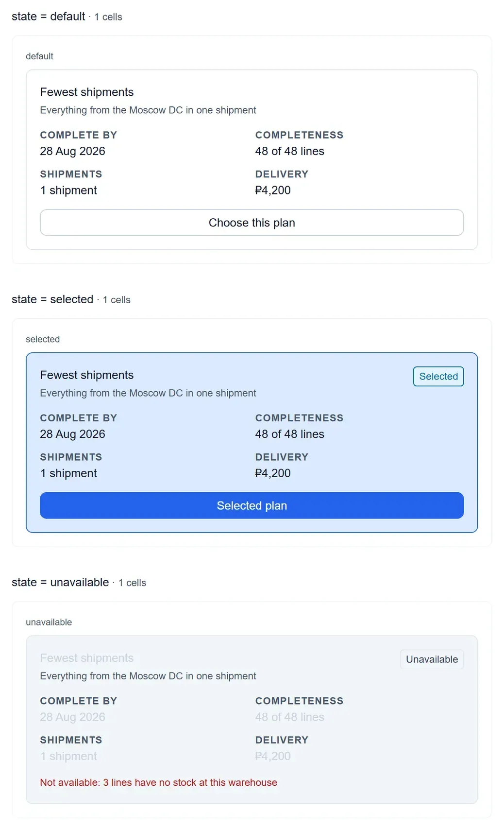 Fulfillment plan row, selected and unavailable