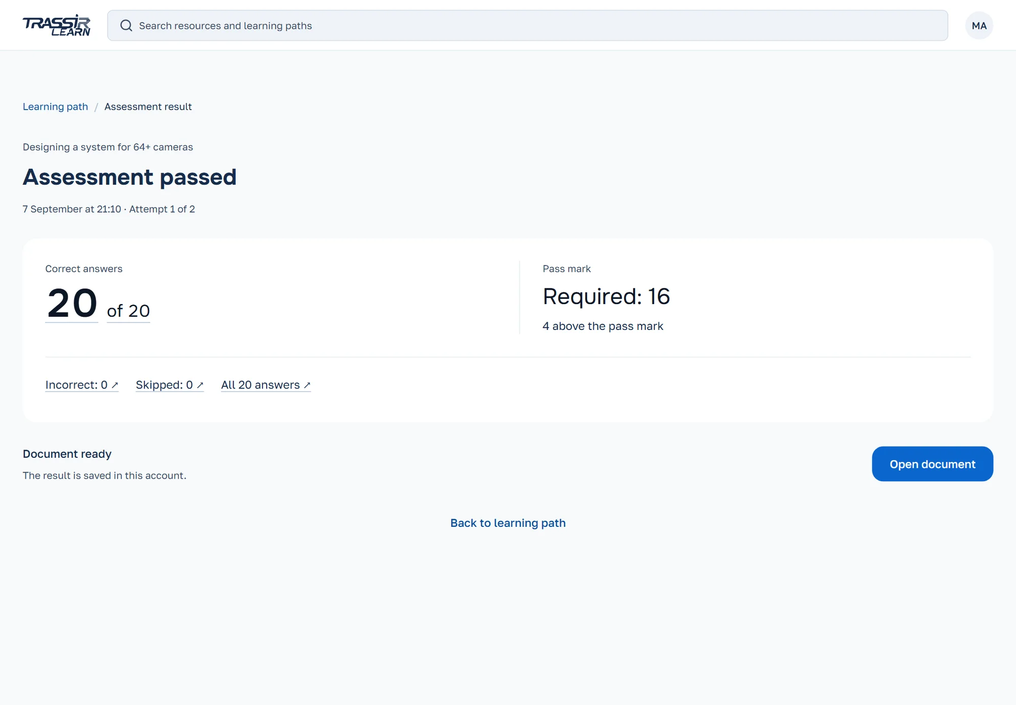 Assessment result showing the score against its passing threshold and access to the demonstration document