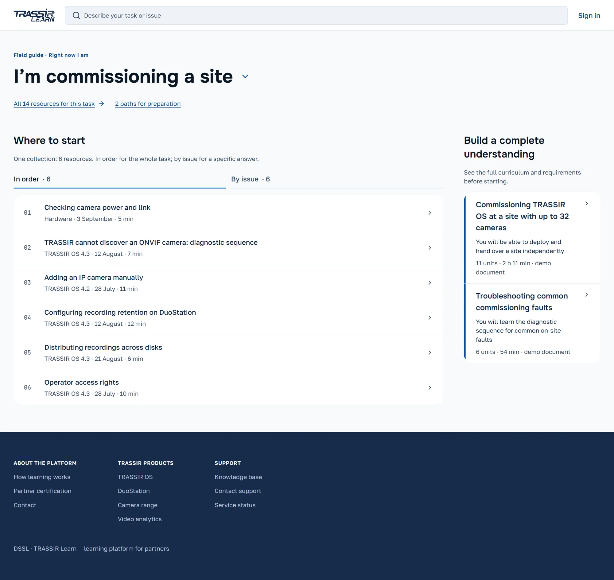 Redesigned TRASSIR Learn home offering technical search and entry points organised around the specialist’s task