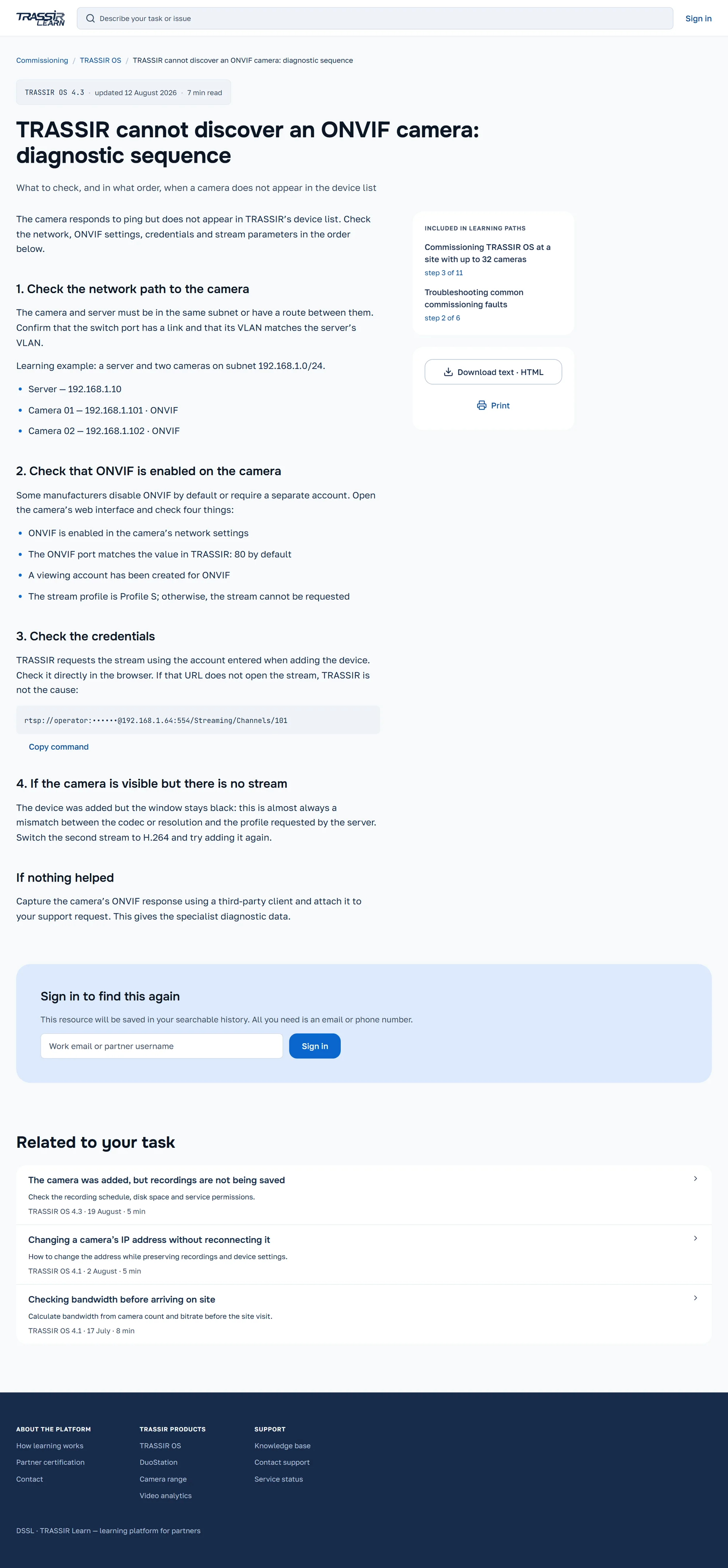 An openly readable ONVIF troubleshooting material with product version, source information and diagnostic steps