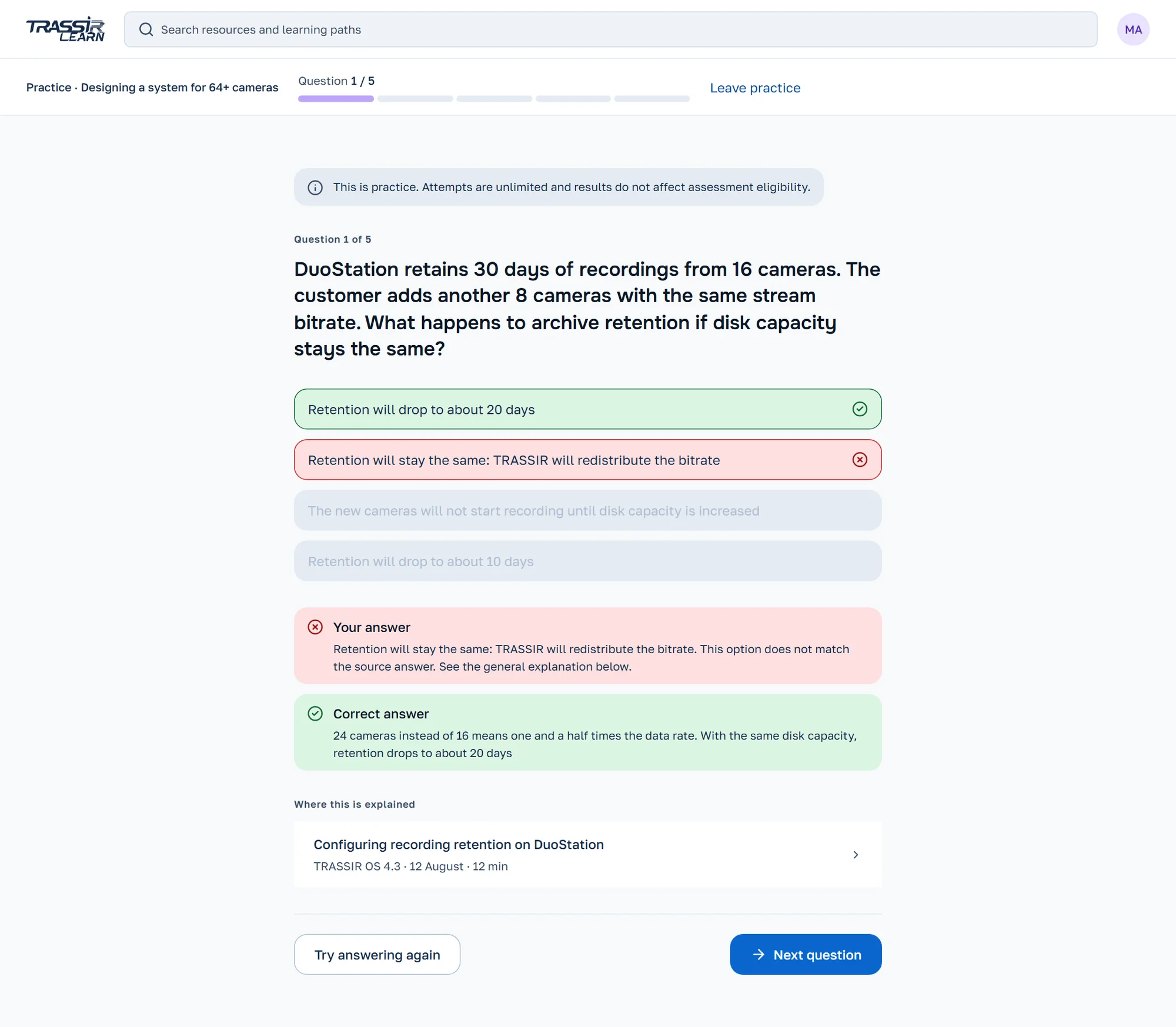 Practice feedback retaining the selected wrong answer, identifying the correct answer and explaining it with a source link