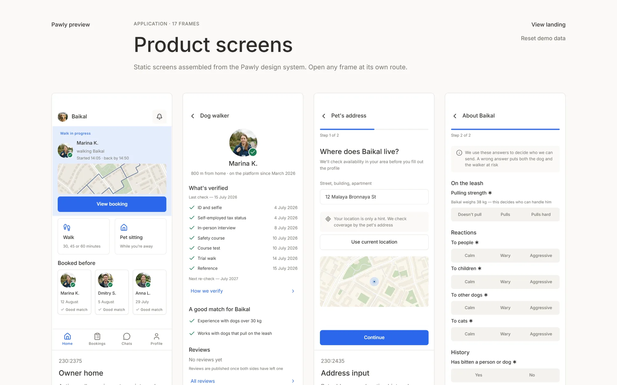 Pawly product screen index: the owner home, a walker profile, the pet address check and the safety profile, with the active owner screen and the drop-off proof behind it