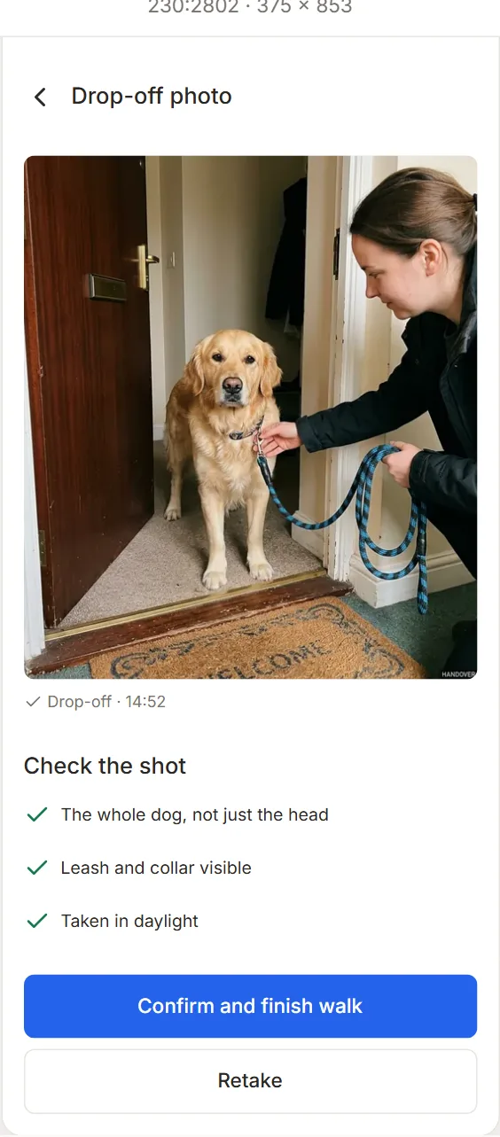 Drop-off proof review with a full photo of the dog, three quality checks, confirm and retake actions