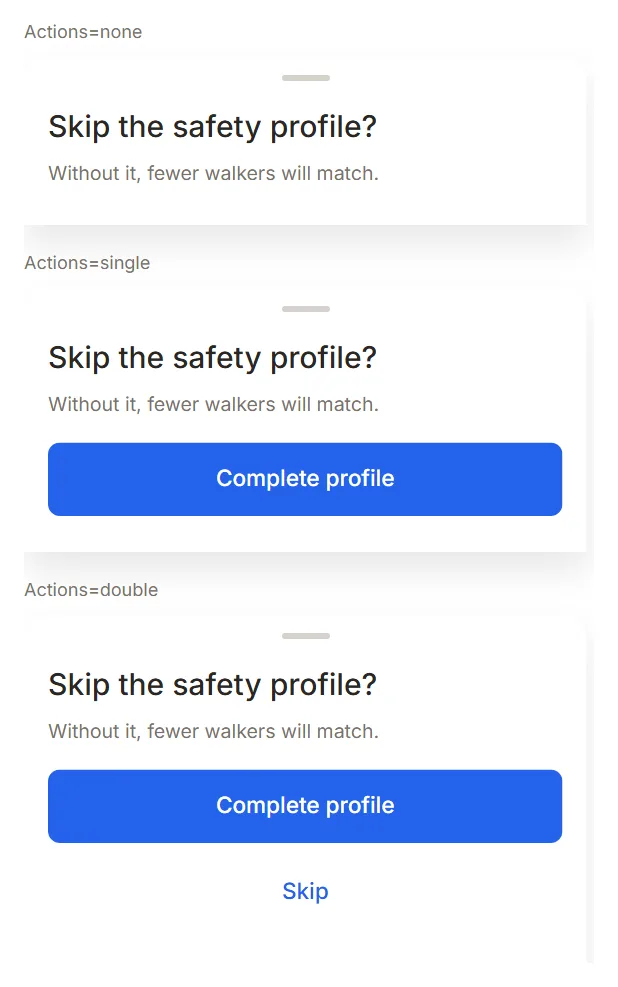 Bottom sheet without actions, with one action and with two actions
