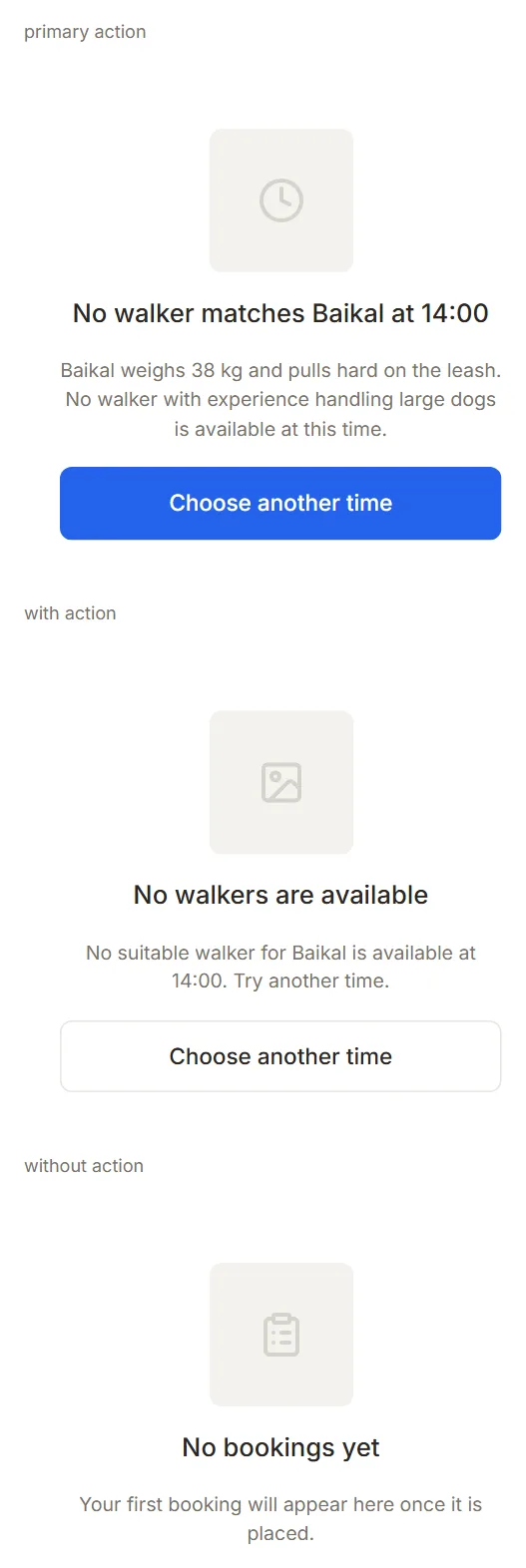 Empty state with secondary action, primary action and without an action