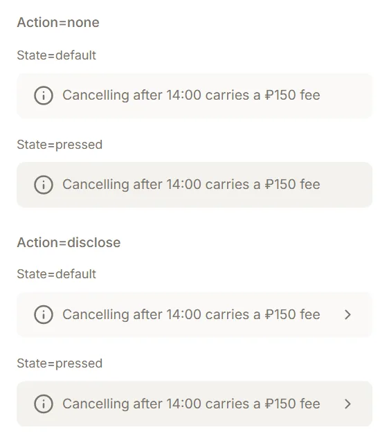 Information note in plain and disclosure forms, each in default and pressed states