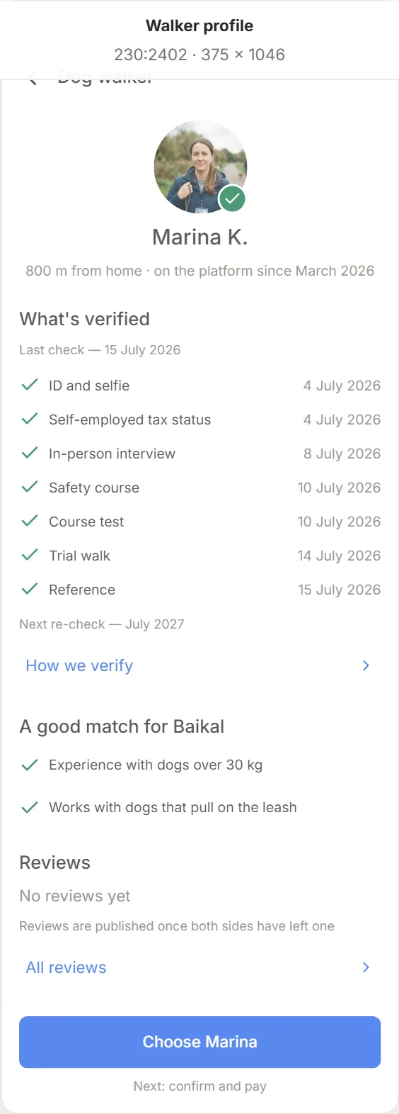 Walker profile showing seven verification stages with dates, compatibility with the dog, review state and the choose action