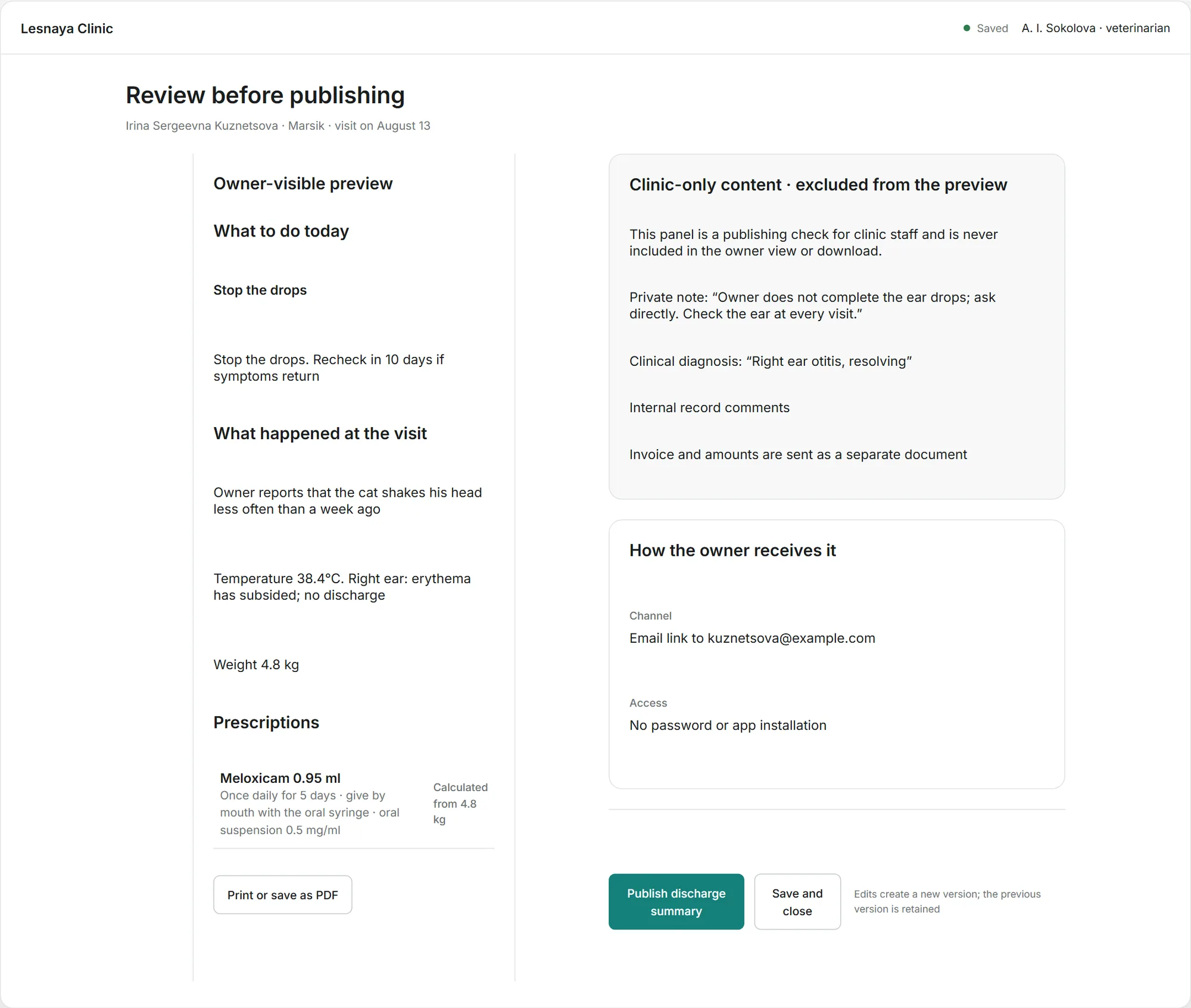 Publishing review: the owner-visible summary on the left, the clinic-only content excluded from it on the right