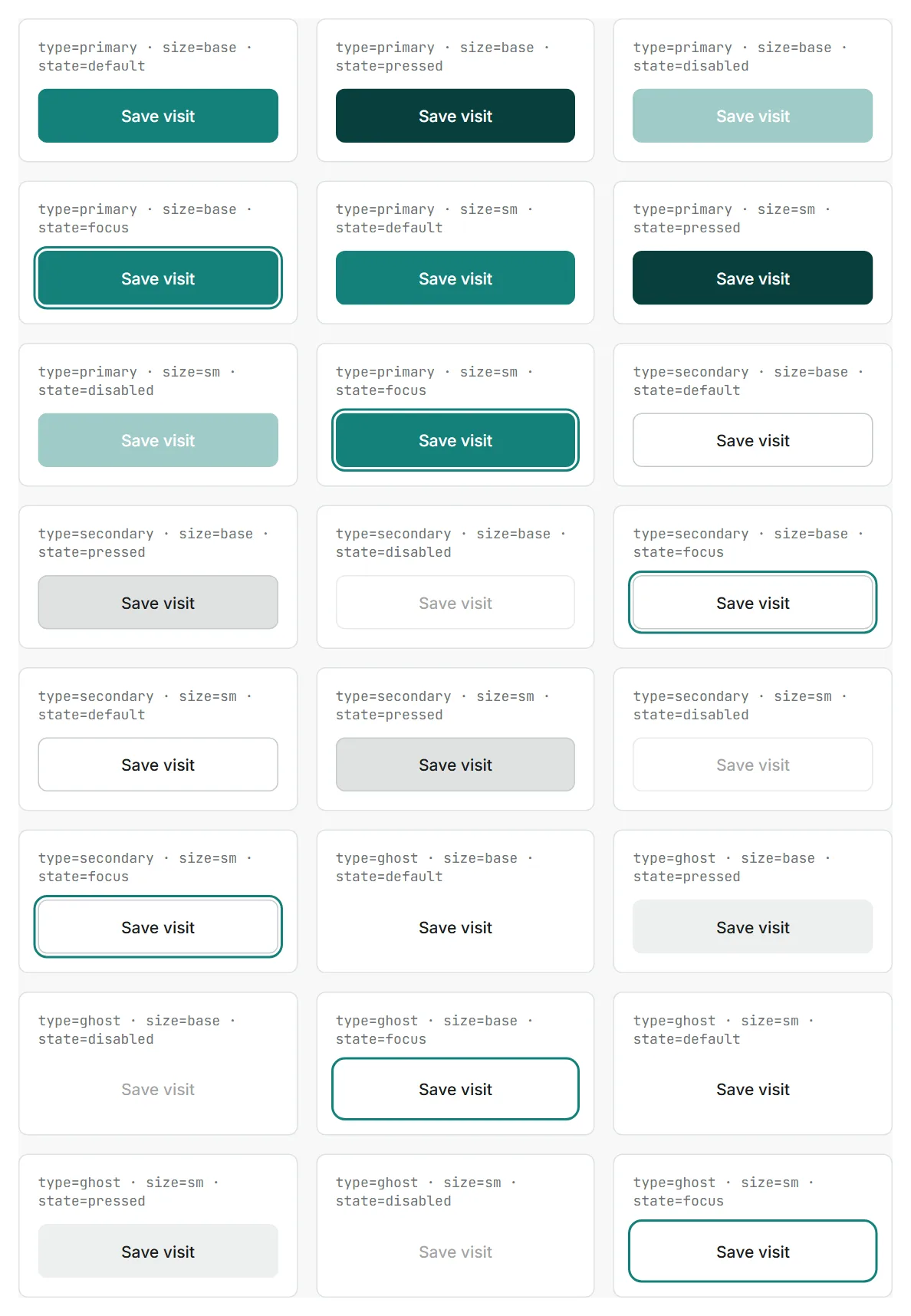Component catalogue: every variant of the button side by side, twenty-four in all