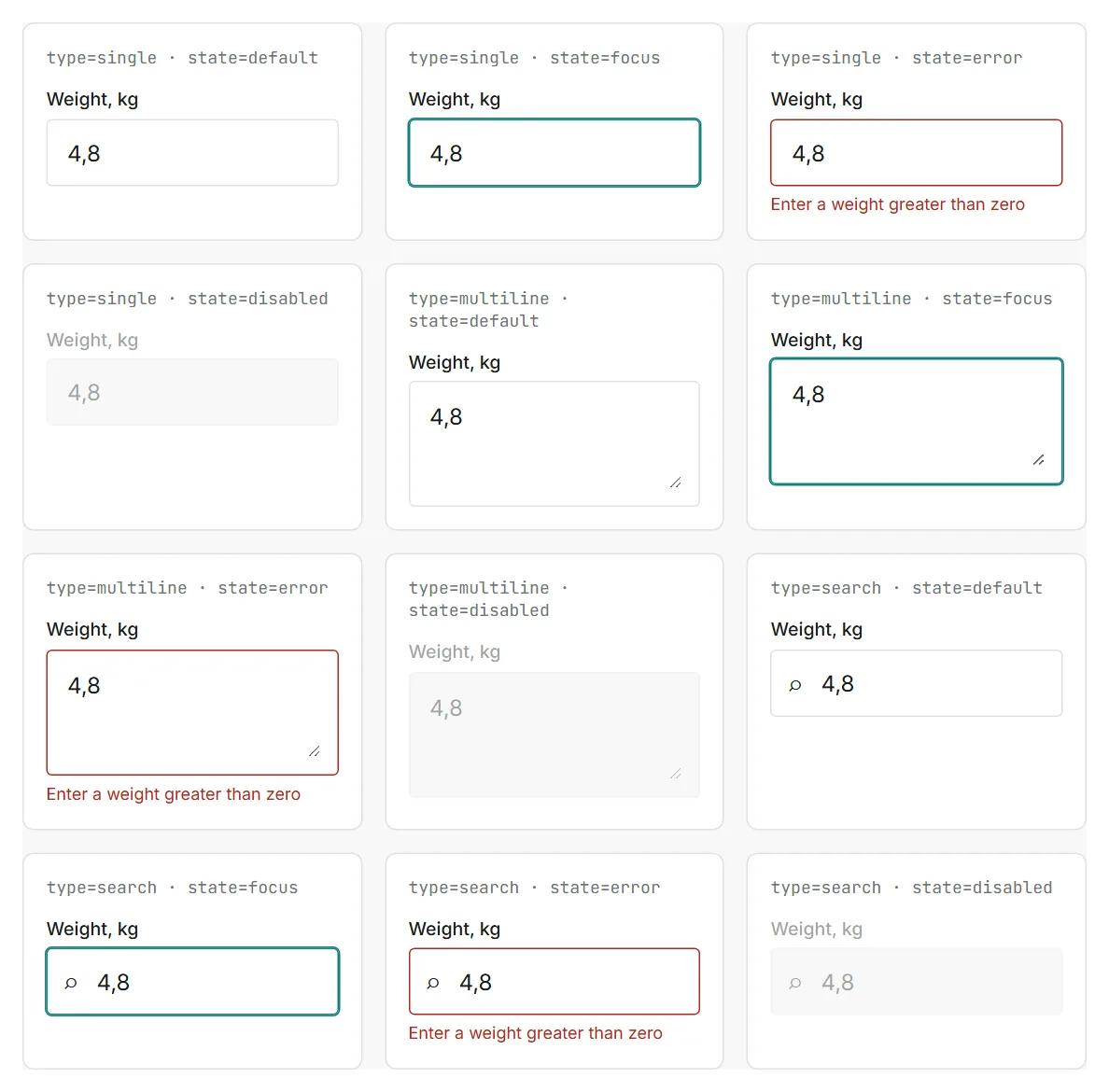 Input field in three types and four states, with the error state showing its reason