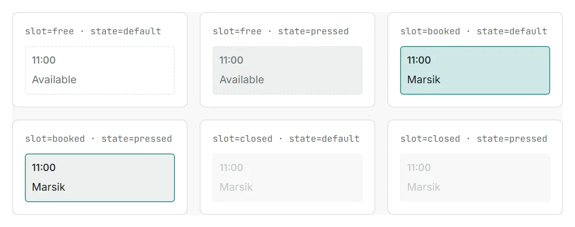 Schedule slot when it is free, booked and closed, in two states each