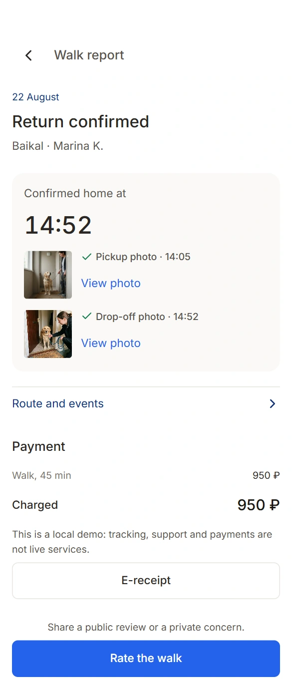 Return confirmed at 14:52, two dated photos, 950 rouble demo charge and review action.