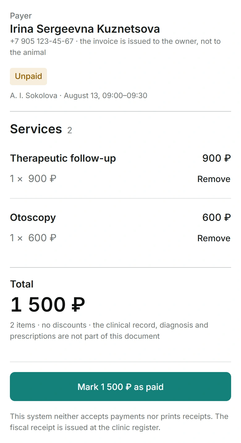 Complete invoice: payer, selected services, total and payment action.