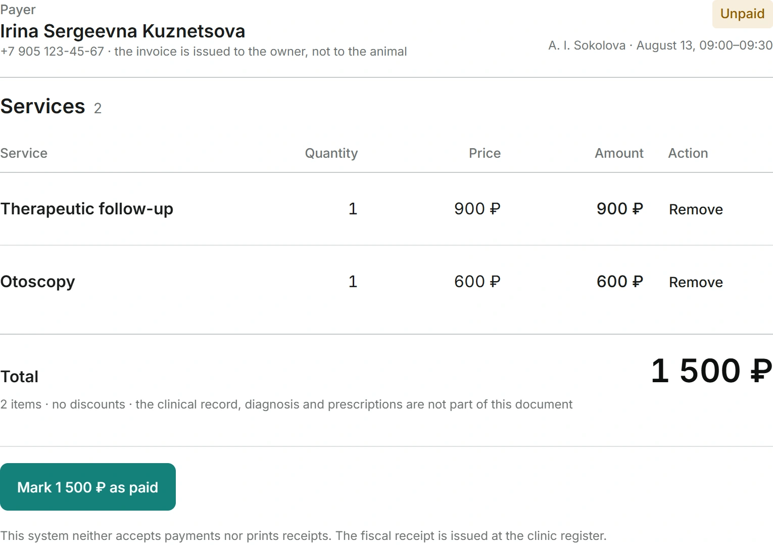 Complete invoice: payer, selected services, total and payment action.
