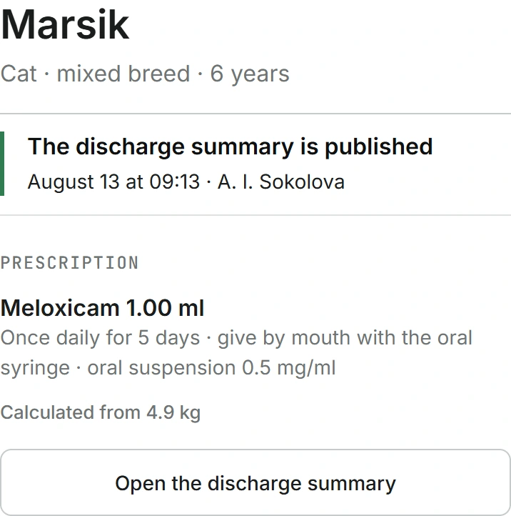 Phone details: Marsik, publication 09:13, Meloxicam 1.00 ml and complete discharge action; mobile shows the full owner view.