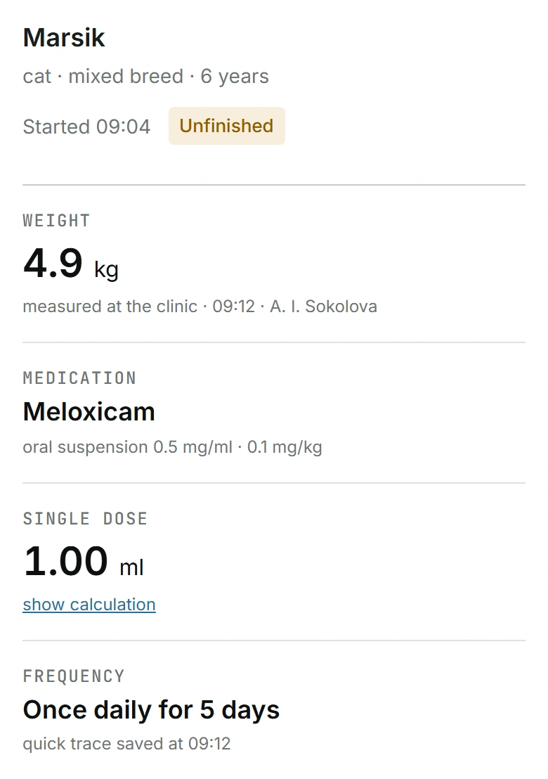 Marsik’s saved facts: 4.9 kg, Meloxicam, 1.00 ml, frequency, source and time.