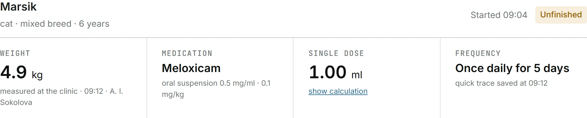 Marsik’s saved facts: 4.9 kg, Meloxicam, 1.00 ml, frequency, source and time.